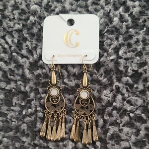 Gold and White Dangle Earrings